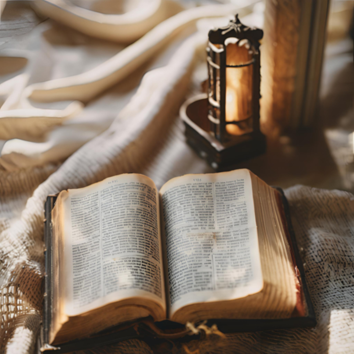 Ravens and lilies bible, white cloth underneath and and candle