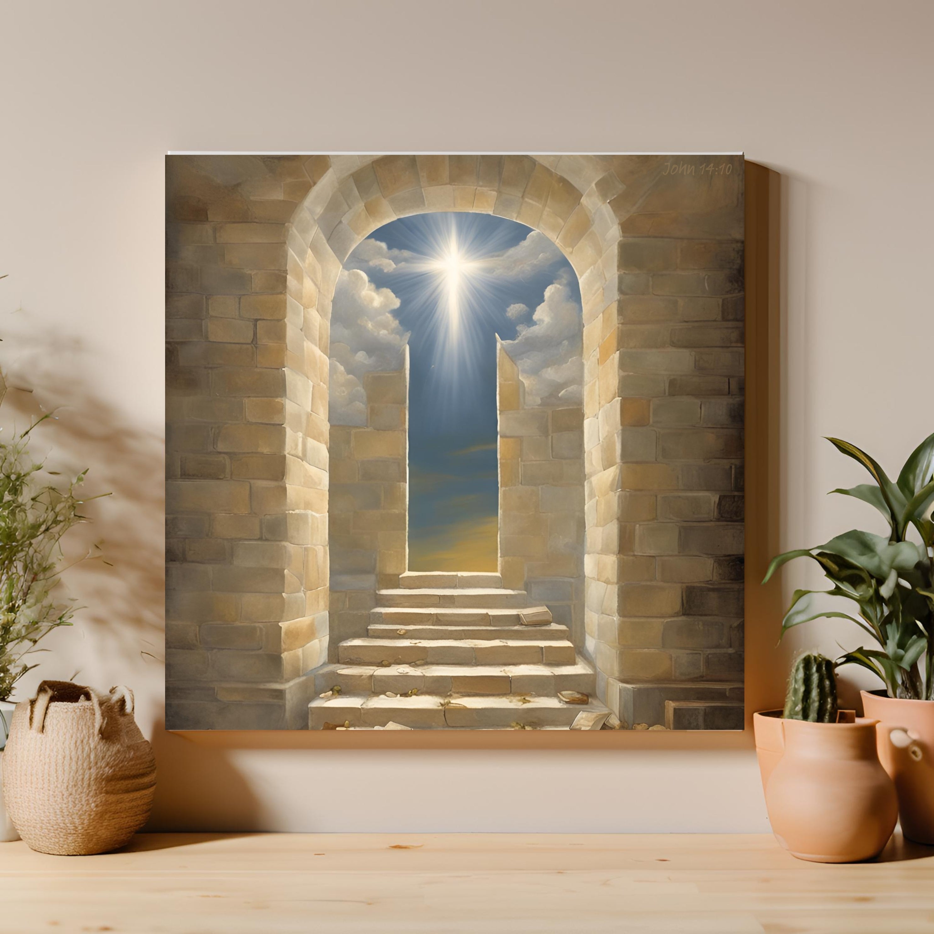 Ravens and lilies John 14 10 canvas art with a brick wall carved with an arch showing the sky and a light peering in representing Jesus