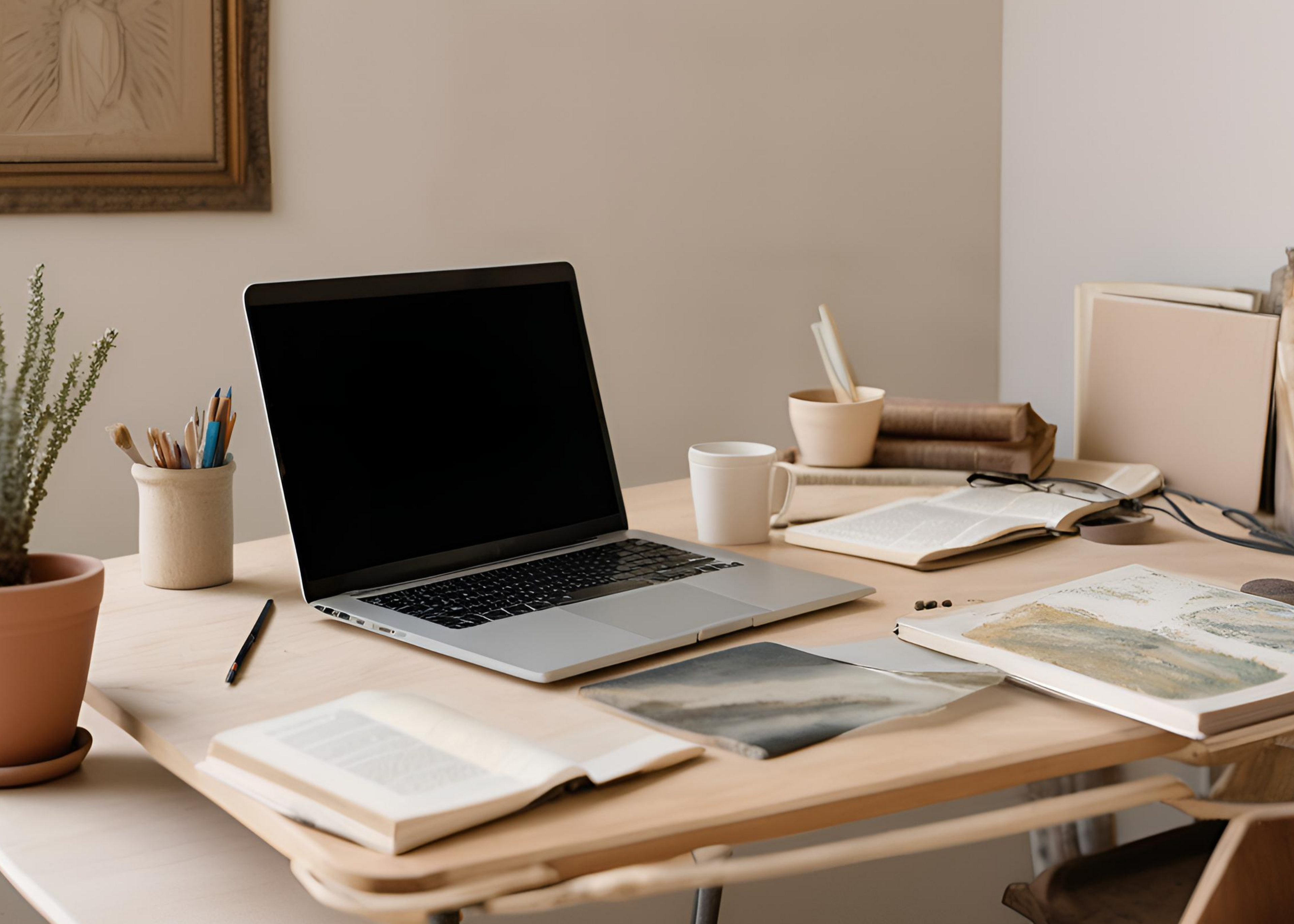 Beige decor, macbook with papers scattered everywhere. A plant and a pot of pencils