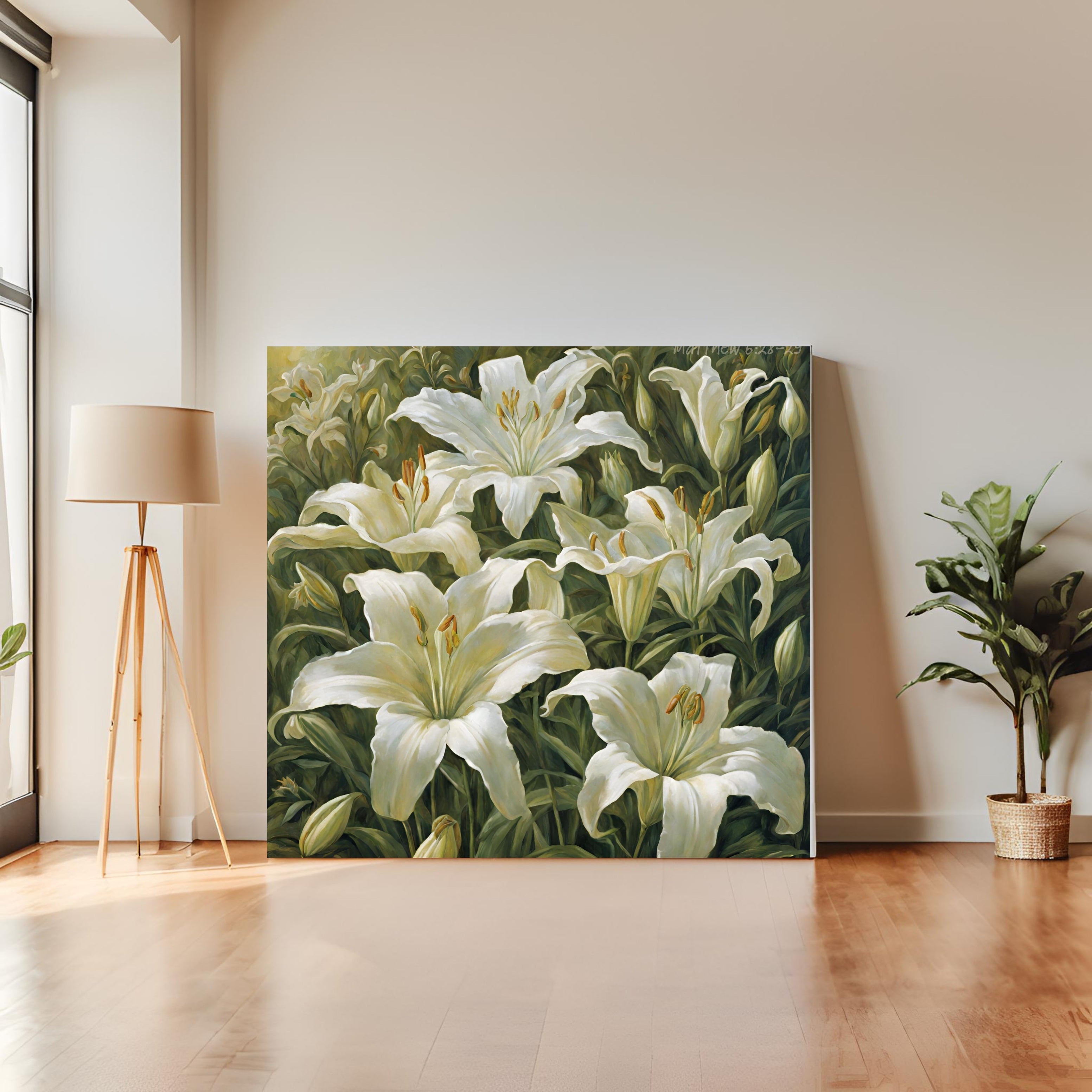 Ravens and lilies lilies artwork with beige decor. A lamp and a tall potted plant
