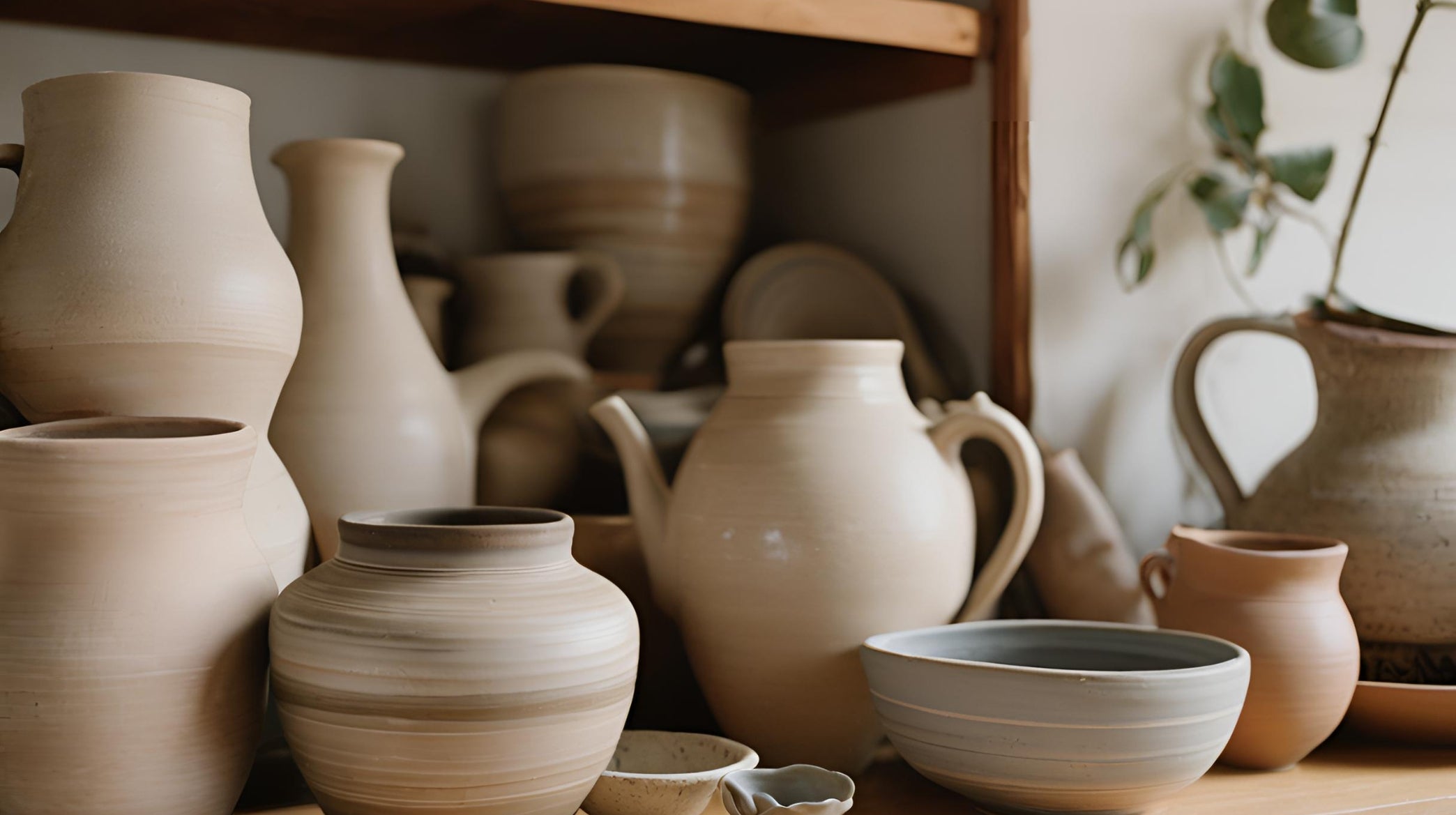 Ravens and lilies pottery with lots of vases and jar in beige 