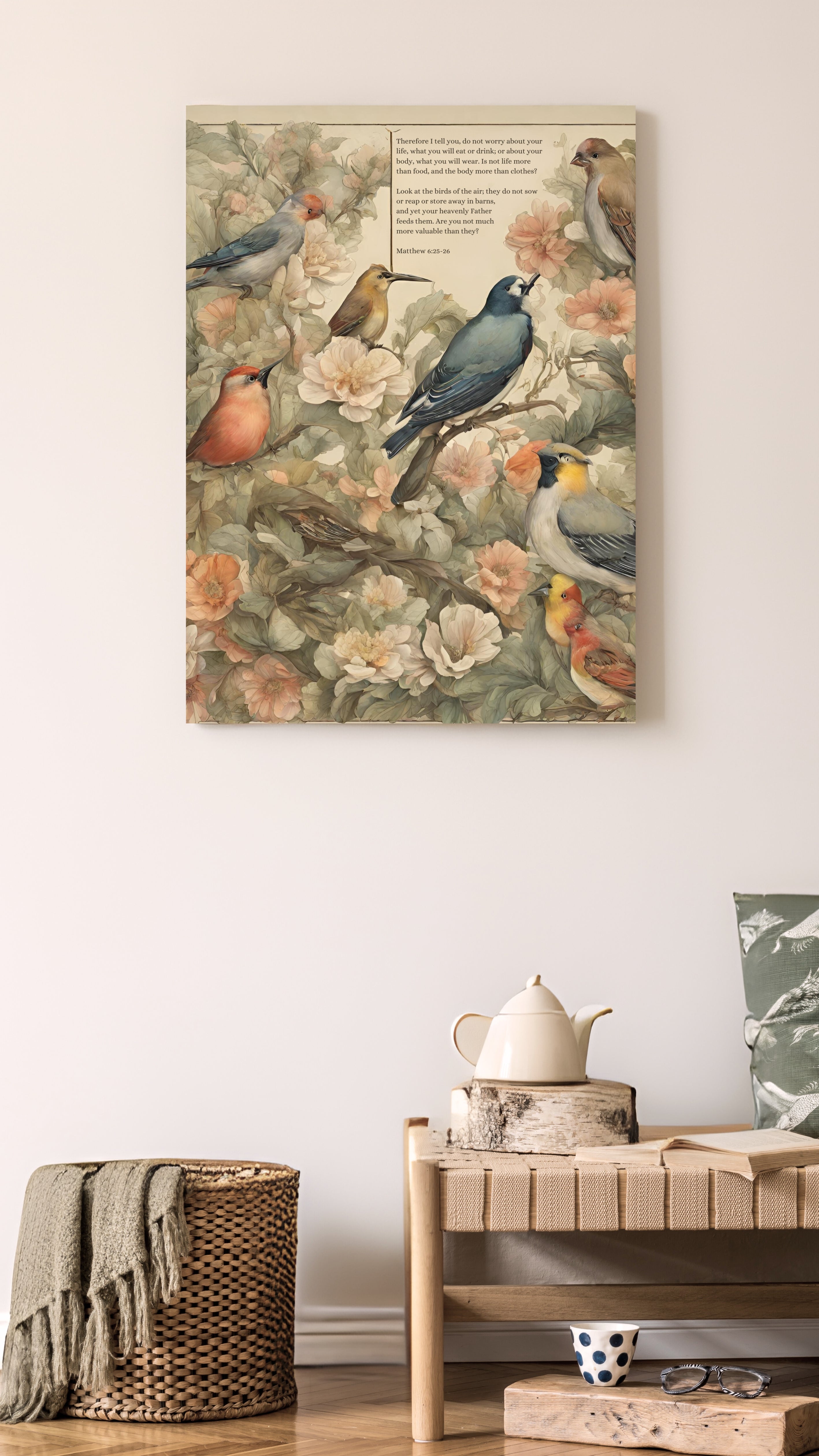 Matthew 6 ravens and lilies artwork hanging on a wall with beige surroundings. Artwork has ravens and flowers and the Matthew 6 scriptures