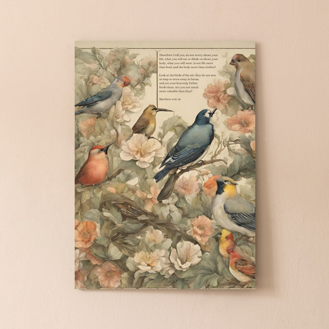 Watercolor artwork illustrating Matthew 6:25-26, featuring vibrant birds and flowers. The scene exudes a sense of peace and natural beauty, with colorful birds perched among blooming flowers, symbolizing the verse's message about trusting in God.